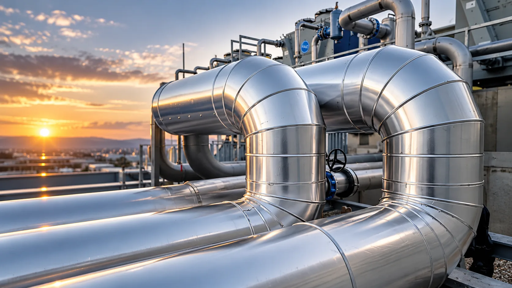 Isolierte Industrieanlagen und Rohrleitungen bei Sonnenuntergang